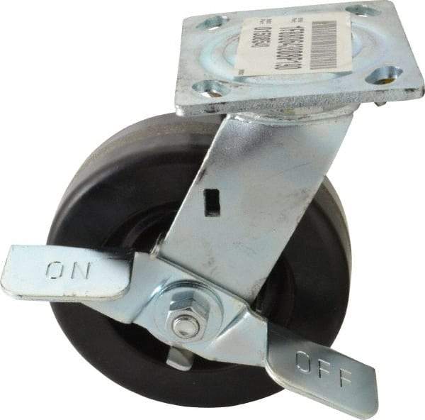 E.R. Wagner - 6" Diam x 2" Wide x 7-1/2" OAH Top Plate Mount Swivel Caster with Brake - Phenolic, 1,200 Lb Capacity, Roller Bearing, 4 x 4-1/2" Plate - Apex Tool & Supply