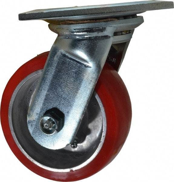 E.R. Wagner - 5" Diam x 2" Wide x 6-1/2" OAH Top Plate Mount Swivel Caster - Polyurethane, 1,000 Lb Capacity, Roller Bearing, 5 x 5-1/2" Plate - Apex Tool & Supply