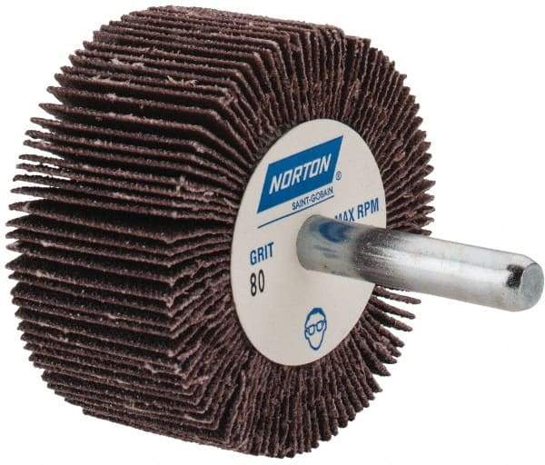 Norton - 2" Diam x 1" Face Width, Medium Aluminum Oxide Coated Mounted Flap Wheel - 1/4" Shank Mount, 80 Grit, Cloth Backing, 23,000 Max RPM - Apex Tool & Supply
