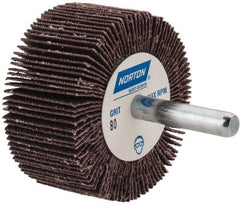 Norton - 2" Diam x 1" Face Width, Medium Aluminum Oxide Coated Mounted Flap Wheel - 1/4" Shank Mount, 80 Grit, Cloth Backing, 23,000 Max RPM - Apex Tool & Supply