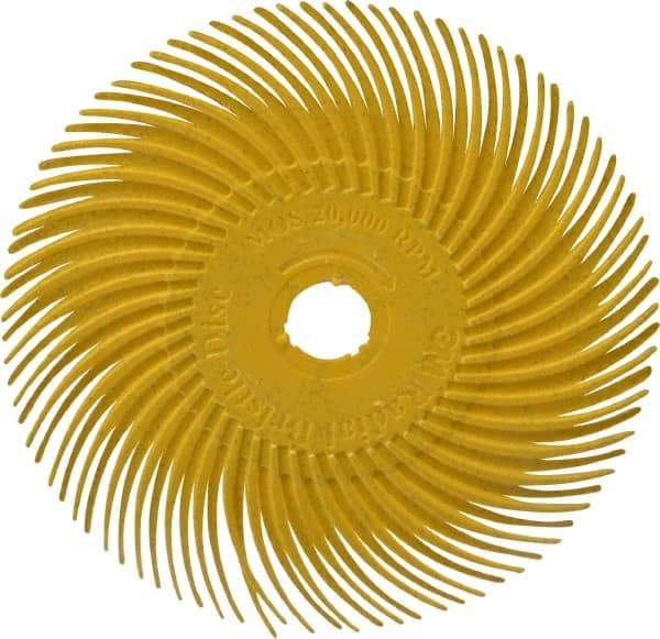 3M - 3" Diam, 3/8" Max Face Width, Plain Hole Radial Bristle Brush - 80 Grit, Medium Grade, 20,000 Max RPM, Yellow - Apex Tool & Supply