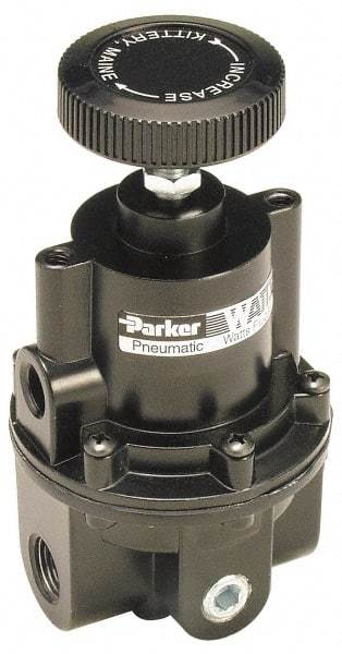 Parker - 3/8 NPT Port, 80 CFM, Aluminum Diaphragm Operated Regulator - 0 to 60 psi Range, 250 Max psi Supply Pressure, 1/4" Gauge Port Thread, 2.06" Wide x 4.35" High - Apex Tool & Supply
