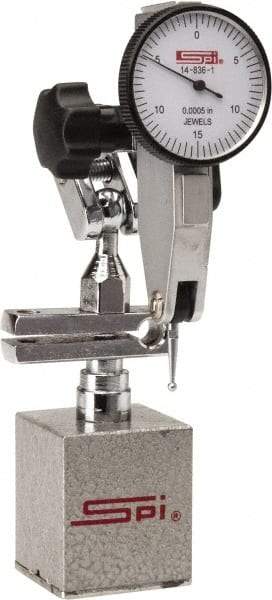 SPI - 0.0005" Graduation, 0-15-0 Dial Reading, Indicator & Base Kit - 2.36" Base Length x 1.9" Base Width x 2" Base Height, 1-1/4" Dial Diam - Apex Tool & Supply