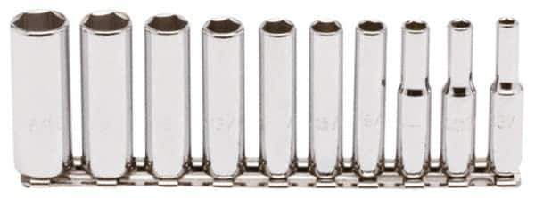 Proto - 10 Piece 1/4" Drive Chrome Finish Deep Well Socket Set - 6 Points, 3/16" to 9/16" Range, Inch Measurement Standard - Apex Tool & Supply
