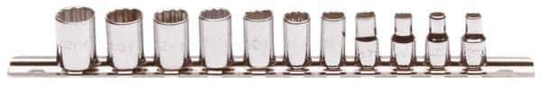 Proto - 11 Piece 1/4" Drive Chrome Finish Socket Set - 12 Points, 5mm to 14mm Range, Metric Measurement Standard - Apex Tool & Supply