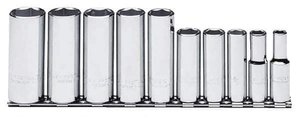 Proto - 10 Piece 3/8" Drive Chrome Finish Deep Well Socket Set - 6 Points, 5/16" to 7/8" Range, Inch Measurement Standard - Apex Tool & Supply