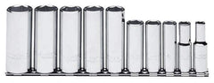 Proto - 10 Piece 3/8" Drive Chrome Finish Deep Well Socket Set - 6 Points, 5/16" to 7/8" Range, Inch Measurement Standard - Apex Tool & Supply