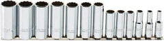 Proto - 13 Piece 3/8" Drive Chrome Finish Deep Well Socket Set - 12 Points, 1/4" to 1" Range, Inch Measurement Standard - Apex Tool & Supply