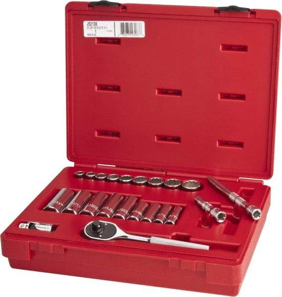 Proto - 22 Piece 3/8" Drive Chrome Finish Deep Well Socket Set - 12 Points, 3/8" to 7/8" Range, Inch Measurement Standard - Apex Tool & Supply