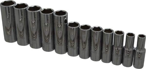 Proto - 12 Piece 3/8" Drive Chrome Finish Deep Well Socket Set - 6 Points, 8mm to 19mm Range, Metric Measurement Standard - Apex Tool & Supply