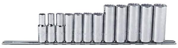 Proto - 12 Piece 3/8" Drive Chrome Finish Deep Well Socket Set - 12 Points, 8mm to 19mm Range, Metric Measurement Standard - Apex Tool & Supply