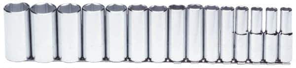 Proto - 15 Piece 1/2" Drive Chrome Finish Deep Well Socket Set - 6 Points, 5/16" to 1-1/4" Range, Inch Measurement Standard - Apex Tool & Supply