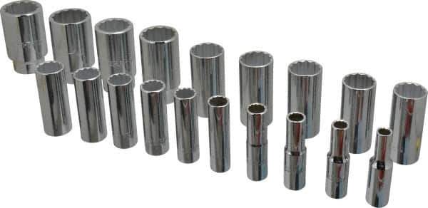 Proto - 19 Piece 1/2" Drive Chrome Finish Deep Well Socket Set - 12 Points, 3/8" to 1-1/2" Range, Inch Measurement Standard - Apex Tool & Supply