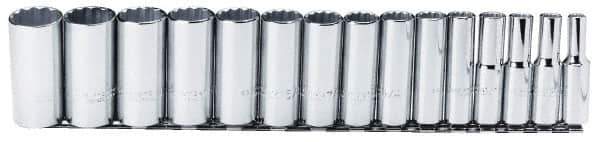 Proto - 15 Piece 1/2" Drive Chrome Finish Deep Well Socket Set - 12 Points, 3/8" to 1-1/4" Range, Inch Measurement Standard - Apex Tool & Supply