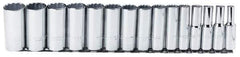 Proto - 15 Piece 1/2" Drive Chrome Finish Deep Well Socket Set - 12 Points, 3/8" to 1-1/4" Range, Inch Measurement Standard - Apex Tool & Supply