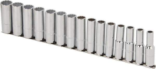 Proto - 15 Piece 1/2" Drive Chrome Finish Deep Well Socket Set - 12 Points, 10mm to 24mm Range, Metric Measurement Standard - Apex Tool & Supply
