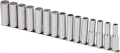 Proto - 15 Piece 1/2" Drive Chrome Finish Deep Well Socket Set - 12 Points, 10mm to 24mm Range, Metric Measurement Standard - Apex Tool & Supply