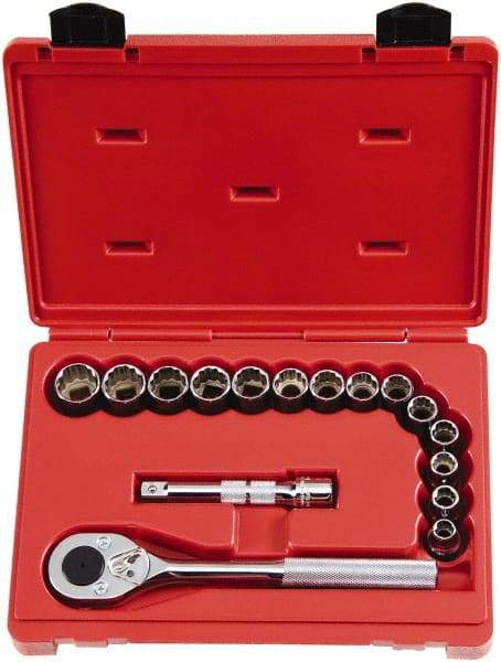 Proto - 16 Piece 1/2" Drive Chrome Finish Socket Set - 12 Points, 10mm to 23mm Range, Metric Measurement Standard - Apex Tool & Supply