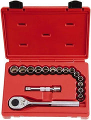Proto - 16 Piece 1/2" Drive Chrome Finish Socket Set - 12 Points, 10mm to 23mm Range, Metric Measurement Standard - Apex Tool & Supply