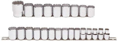 Proto - 24 Piece 1/2" Drive Chrome Finish Socket Set - 12 Points, 10mm to 36mm Range, Metric Measurement Standard - Apex Tool & Supply