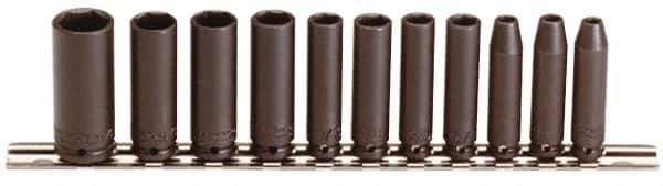 Proto - 11 Piece 1/4" Drive Black Finish Deep Well Impact Socket Set - 6 Points, 3/16" to 5/8" Range, Inch Measurement Standard - Apex Tool & Supply