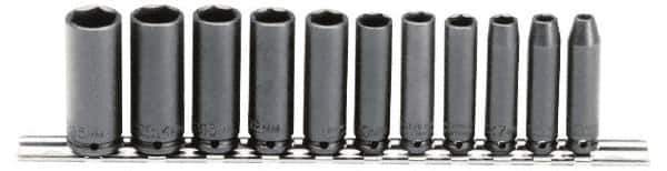 Proto - 11 Piece 1/4" Drive Black Finish Deep Well Impact Socket Set - 6 Points, 5mm to 15mm Range, Metric Measurement Standard - Apex Tool & Supply