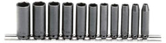 Proto - 11 Piece 1/4" Drive Black Finish Deep Well Impact Socket Set - 6 Points, 5mm to 15mm Range, Metric Measurement Standard - Apex Tool & Supply