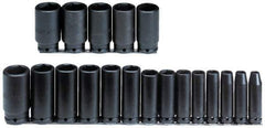 Proto - 19 Piece 1/2" Drive Black Finish Deep Well Impact Socket Set - 6 Points, 3/8" to 1-1/2" Range, Inch Measurement Standard - Apex Tool & Supply