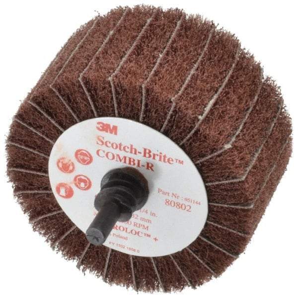 3M - 2-1/2" Diam x 1-1/4" Face Width, Medium Aluminum Oxide Nonwoven & Coated Mounted Flap Wheel - Roloc Mount, 80 Grit, X Weighted Backing, 7,000 Max RPM - Apex Tool & Supply