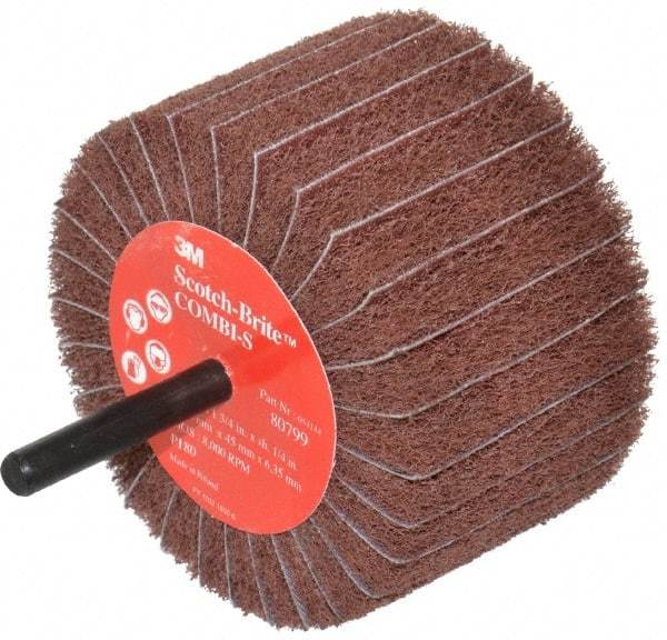 3M - 3" Diam x 1-3/4" Face Width, Very Fine Aluminum Oxide Coated Mounted Flap Wheel - 1/4" Shank Mount, 180 Grit, X Weighted Backing, 7,500 Max RPM - Apex Tool & Supply