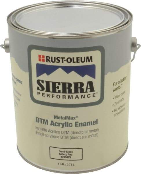 Rust-Oleum - 1 Gal Semi Gloss Safety Red Acrylic Enamel - 180 to 545 Sq Ft/Gal Coverage, <0 g/L VOC Content, Direct to Metal - Apex Tool & Supply