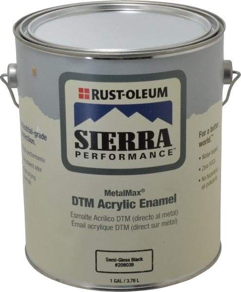Rust-Oleum - 1 Gal Semi Gloss Black Acrylic Enamel - 180 to 545 Sq Ft/Gal Coverage, <0 g/L VOC Content, Direct to Metal - Apex Tool & Supply