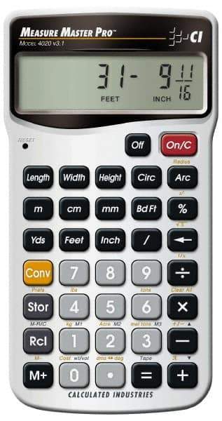 Calculated Industries - 11-Digit (7 normal, 4 Fractions) with Full Annunciators 30 Function Handheld Calculator - 5/8" x 2-1/2" (15.88mm x 63.5mm) Display Size, Silver, LR-44/A76 Powered, 7" Long x 5" Wide x 1" High - Apex Tool & Supply
