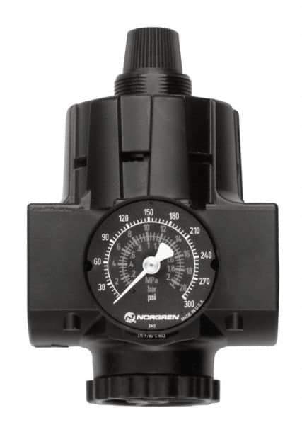 Norgren - 3/4 NPT Port, Zinc Hi-Flow Regulator - 10 to 125 psi Range, 300 Max psi Supply Pressure, 1/2" Gauge Port Thread, 2.91" Wide x 5.37" High - Apex Tool & Supply