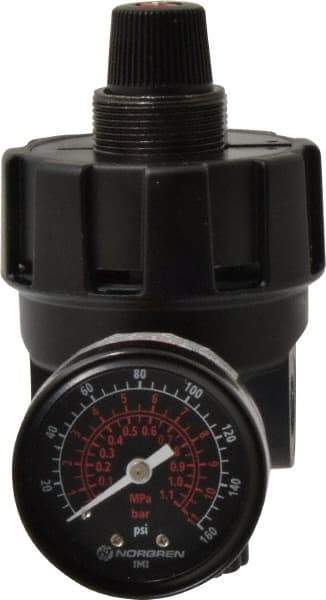 Norgren - 1/4 NPT Port, 200 CFM, Zinc Hi-Flow Regulator - 10 to 125 psi Range, 300 Max psi Supply Pressure, 1/4" Gauge Port Thread, 2.7" Wide x 4.83" High - Apex Tool & Supply