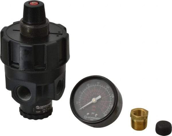 Norgren - 3/8 NPT Port, Zinc Hi-Flow Regulator - 10 to 125 psi Range, 300 Max psi Supply Pressure, 3/8" Gauge Port Thread, 2.7" Wide x 4.83" High - Apex Tool & Supply