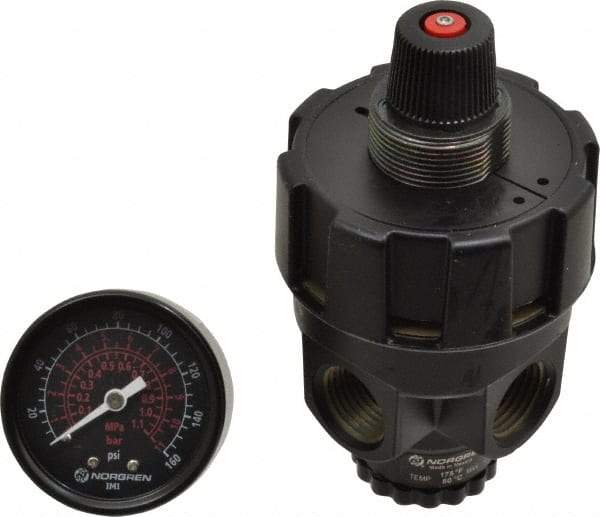 Norgren - 1/2 NPT Port, Zinc Hi-Flow Regulator - 10 to 125 psi Range, 300 Max psi Supply Pressure, 1/2" Gauge Port Thread, 2.7" Wide x 4.83" High - Apex Tool & Supply