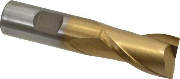 Interstate - 7/8", 1-1/2" LOC, 3/4" Shank Diam, 3-3/4" OAL, 2 Flute, High Speed Steel Square End Mill - Single End, TiN Finish, Spiral Flute, 30° Helix, Centercutting, Right Hand Cut, Right Hand Flute - Apex Tool & Supply