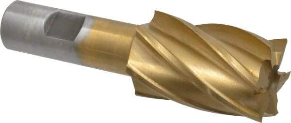 Interstate - 1-1/4", 2" LOC, 3/4" Shank Diam, 4-1/4" OAL, 6 Flute, High Speed Steel Square End Mill - Single End, TiN Finish, Spiral Flute, 30° Helix, Right Hand Cut, Right Hand Flute - Apex Tool & Supply