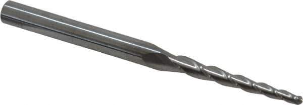 Accupro - 2° Taper Angle per Side, 5/64" Small End Diam, 1" LOC, Solid Carbide 3 Flute Tapered Ball End Mill - 2-1/2" OAL, 3/16" Shank Diam - Apex Tool & Supply