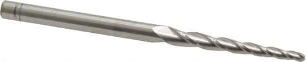 Accupro - 2° Taper Angle per Side, 3/32" Small End Diam, 1-1/4" LOC, Solid Carbide 3 Flute Tapered Ball End Mill - 3" OAL, 3/16" Shank Diam - Apex Tool & Supply