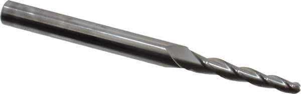 Accupro - 2° Taper Angle per Side, 1/8" Small End Diam, 1" LOC, Solid Carbide 3 Flute Tapered Ball End Mill - 3" OAL, 1/4" Shank Diam - Apex Tool & Supply