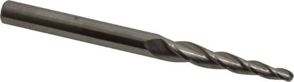 Accupro - 3° Taper Angle per Side, 1/8" Small End Diam, 1-1/4" LOC, Solid Carbide 3 Flute Tapered Ball End Mill - 3" OAL, 1/4" Shank Diam - Apex Tool & Supply