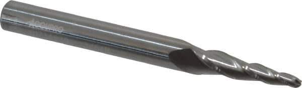 Accupro - 5° Taper Angle per Side, 3/32" Small End Diam, 3/4" LOC, Solid Carbide 3 Flute Tapered Ball End Mill - 2-1/2" OAL, 1/4" Shank Diam - Apex Tool & Supply