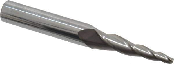 Accupro - 5° Taper Angle per Side, 1/8" Small End Diam, 1-1/4" LOC, Solid Carbide 3 Flute Tapered Ball End Mill - 3" OAL, 3/8" Shank Diam - Apex Tool & Supply