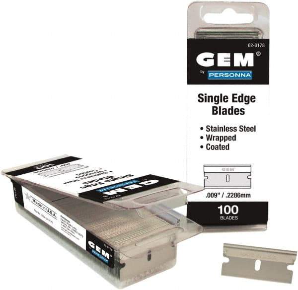 GEM - 100 Piece Stainless Steel Single Edge Blade - 1-1/2" OAL, 0.009" Blade Thickness - Apex Tool & Supply