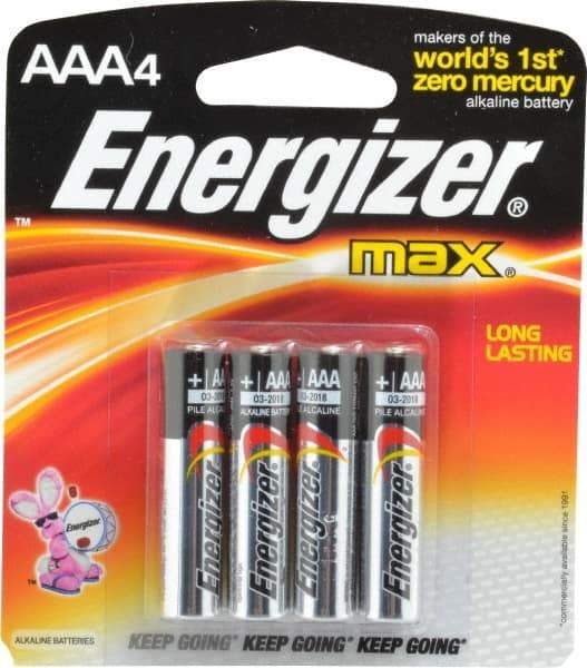Energizer - Size AAA, Alkaline, 4 Pack, Standard Battery - 1.5 Volts, Button Tab Terminal, LR03, ANSI, IEC Regulated - Apex Tool & Supply