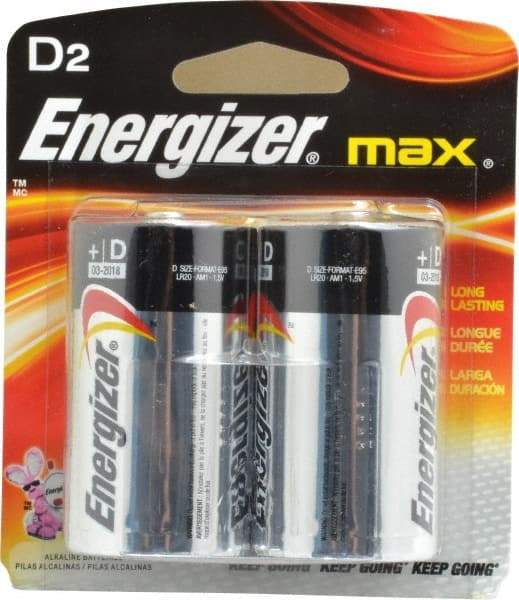 Energizer - Size D, Alkaline, 2 Pack, Standard Battery - 1.5 Volts, Flat Terminal, LR20, ANSI, IEC Regulated - Apex Tool & Supply