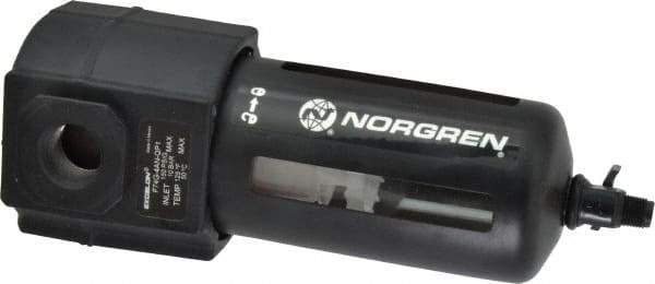 Norgren - 1/2" Port, 7.95" High x 3.15" Wide Standard Filter with Polycarbonate Bowl, Manual Drain - 140 SCFM, 150 Max psi, 125°F Max Temp, Modular Connection, Bowl Guard, 7 oz Bowl Capacity - Apex Tool & Supply