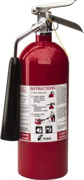 Kidde - 5 Lb, 10-A:80-B:C Rated, Carbon Dioxide Fire Extinguisher - 5-1/4" Diam x 17" High, 850 psi, 8' Discharge in 9 sec, Rechargeable, Aluminum Cylinder - Apex Tool & Supply